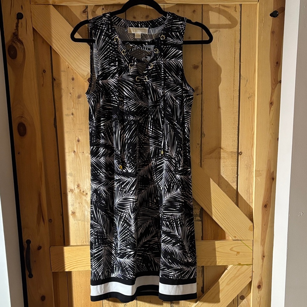 Michael Kors Womens Small Black White Floral Leaves Lace Up Neckline Dress